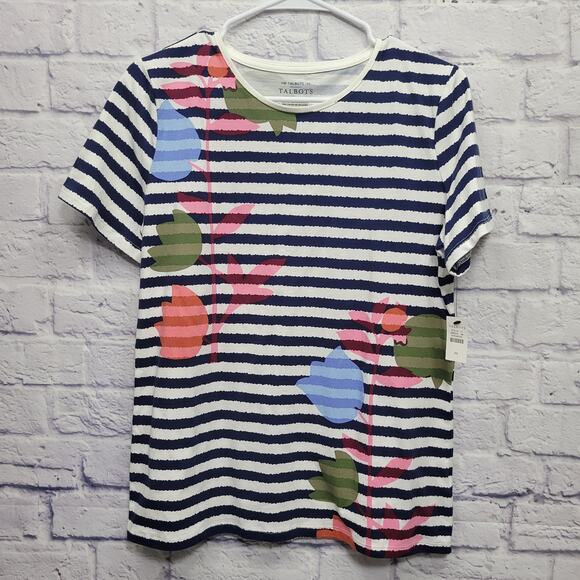 NWT Talbots Tee Stripe Floral Size M Round Neck Preppy Casual Artsy Cotton Blend - Picture 1 of 8
